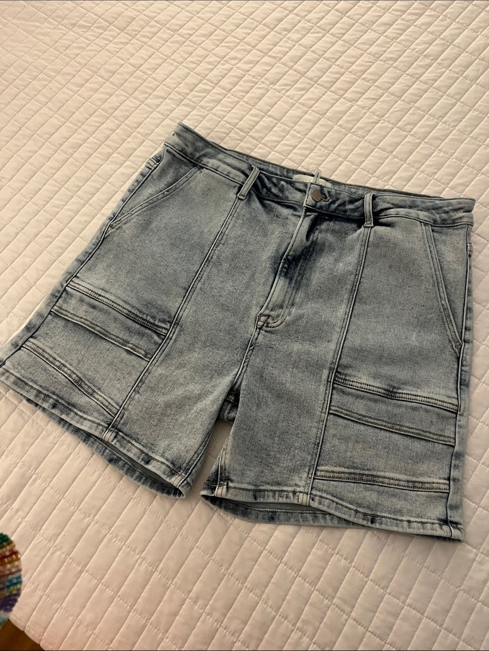 Risen High-Waist Mineral Washed Faded Blue Denim Shorts w/Seaming Detail